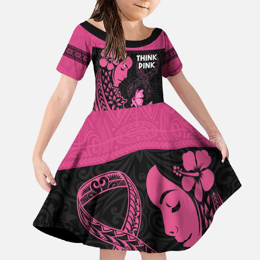 Breast Cancer Awareness Family Matching Off Shoulder Maxi Dress and Hawaiian Shirt Think Pink Polynesian Ribbon and Butterfly LT03 Daughter's Dress Pink - Polynesian Pride