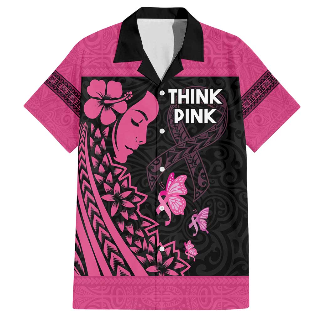 Breast Cancer Awareness Family Matching Off Shoulder Maxi Dress and Hawaiian Shirt Think Pink Polynesian Ribbon and Butterfly LT03 Dad's Shirt - Short Sleeve Pink - Polynesian Pride