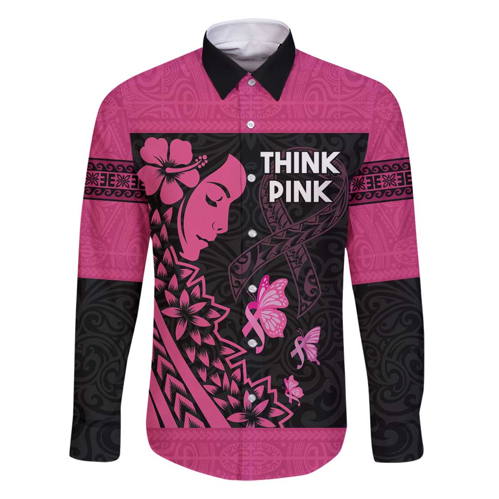 Breast Cancer Awareness Family Matching Off Shoulder Maxi Dress and Hawaiian Shirt Think Pink Polynesian Ribbon and Butterfly LT03 Dad's Shirt - Long Sleeve Pink - Polynesian Pride