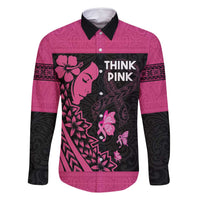 Breast Cancer Awareness Family Matching Off Shoulder Maxi Dress and Hawaiian Shirt Think Pink Polynesian Ribbon and Butterfly LT03 Dad's Shirt - Long Sleeve Pink - Polynesian Pride