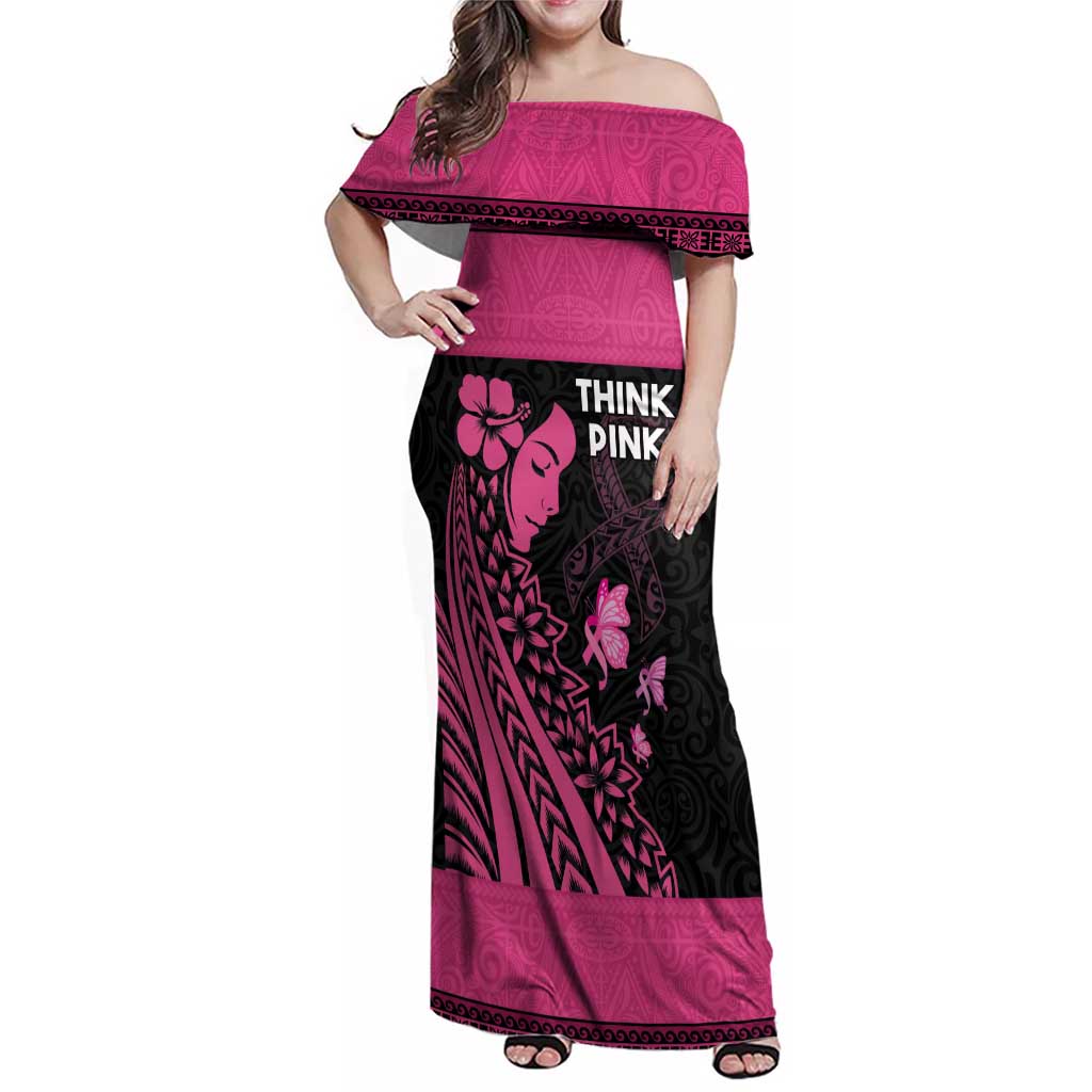 Breast Cancer Awareness Family Matching Off Shoulder Maxi Dress and Hawaiian Shirt Think Pink Polynesian Ribbon and Butterfly LT03 Mom's Dress Pink - Polynesian Pride