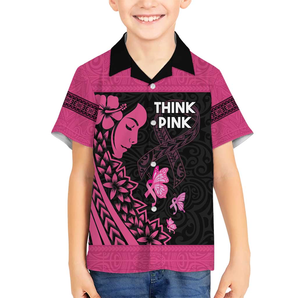 Breast Cancer Awareness Family Matching Off Shoulder Maxi Dress and Hawaiian Shirt Think Pink Polynesian Ribbon and Butterfly LT03 Son's Shirt Pink - Polynesian Pride