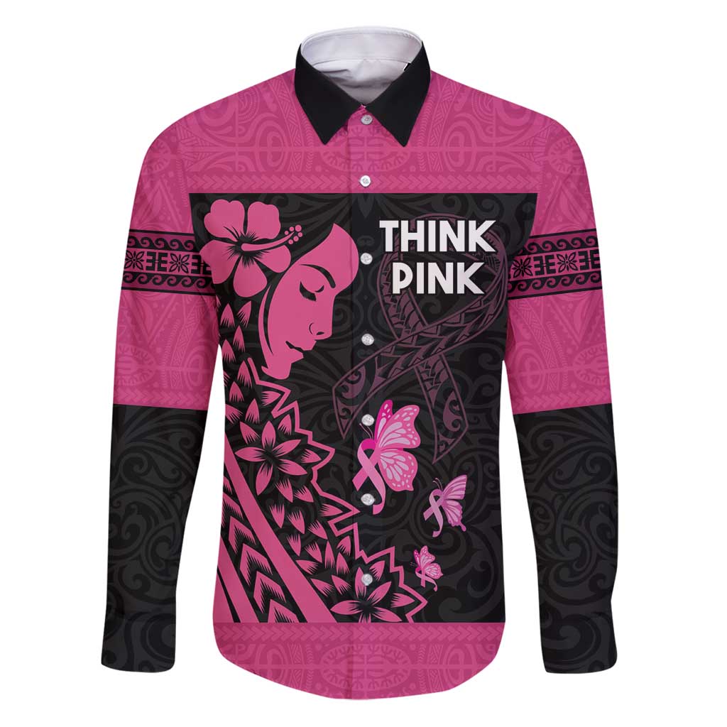 Breast Cancer Awareness Family Matching Puletasi and Hawaiian Shirt Think Pink Polynesian Ribbon and Butterfly LT03 Dad's Shirt - Long Sleeve Pink - Polynesian Pride