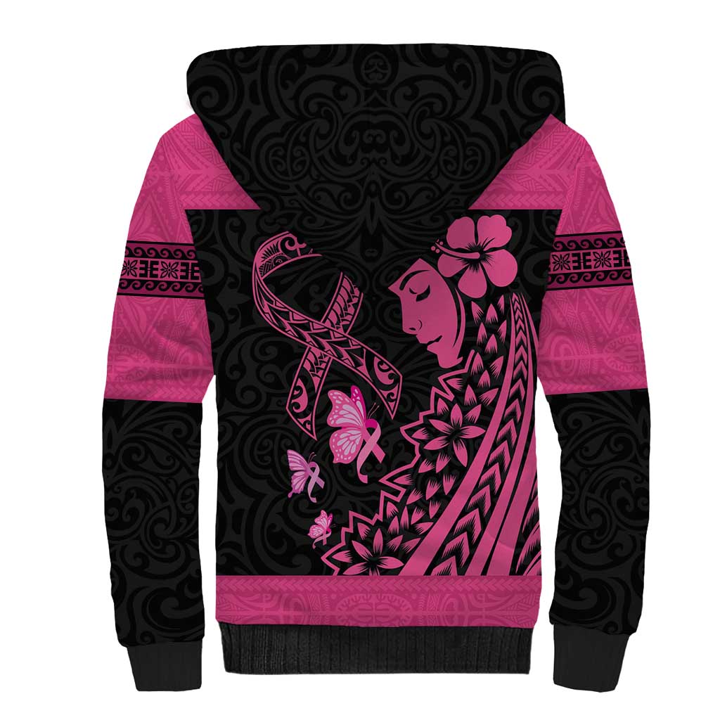 Breast Cancer Awareness Sherpa Hoodie Think Pink Polynesian Ribbon and Butterfly