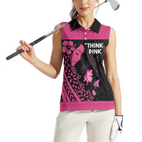 Breast Cancer Awareness Women Sleeveless Polo Shirt Think Pink Polynesian Ribbon and Butterfly