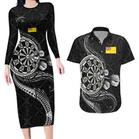 Personalised Niue Darts Masters Couples Matching Long Sleeve Bodycon Dress and Hawaiian Shirt Tribal Hiapo Dartboard LT03 Black - Polynesian Pride