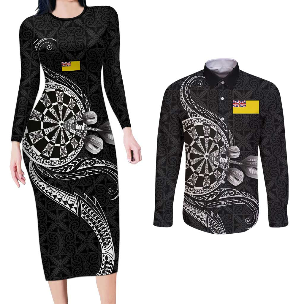 Personalised Niue Darts Masters Couples Matching Long Sleeve Bodycon Dress and Long Sleeve Button Shirt Tribal Hiapo Dartboard LT03 Black - Polynesian Pride