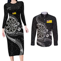 Personalised Niue Darts Masters Couples Matching Long Sleeve Bodycon Dress and Long Sleeve Button Shirt Tribal Hiapo Dartboard LT03 Black - Polynesian Pride