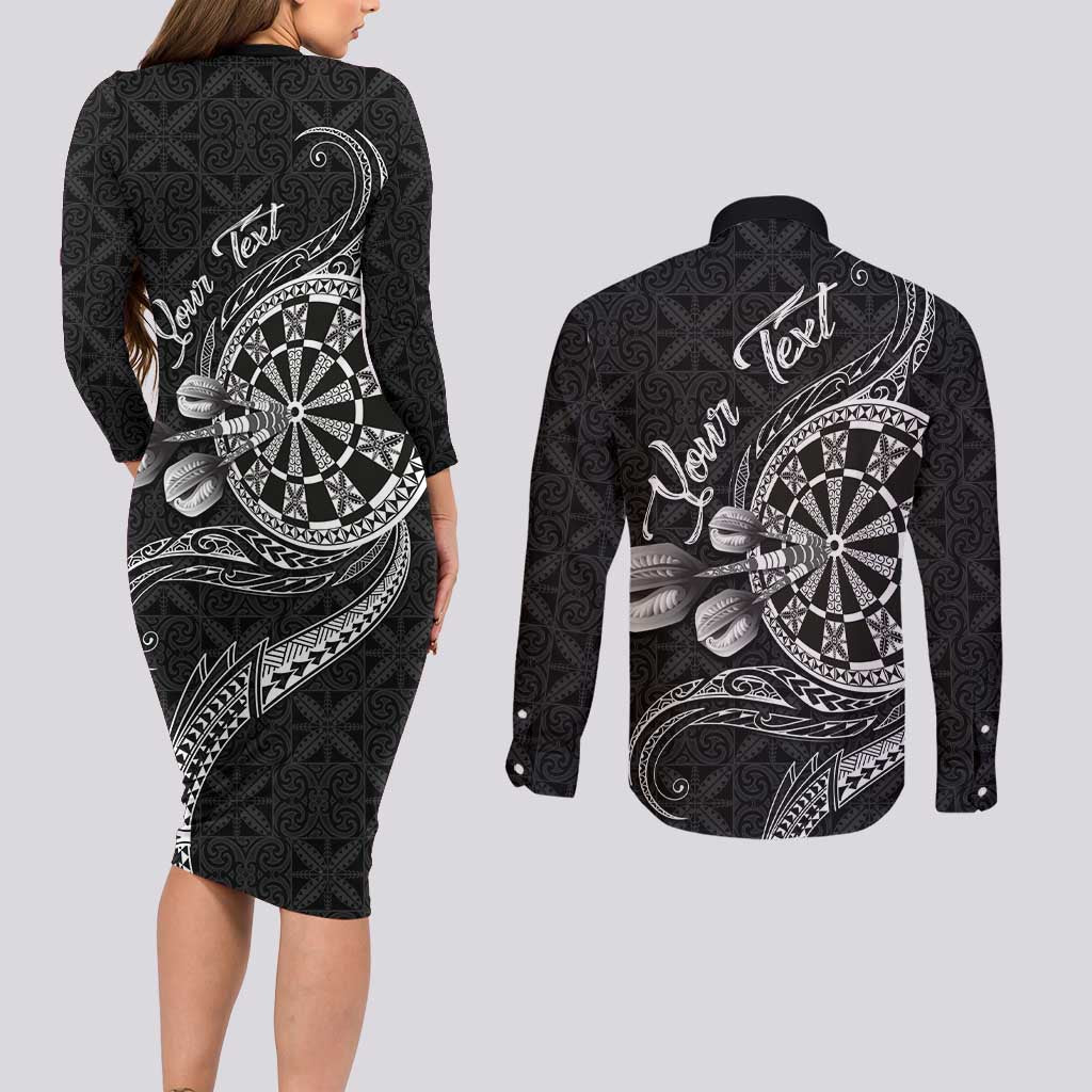 Personalised Niue Darts Masters Couples Matching Long Sleeve Bodycon Dress and Long Sleeve Button Shirt Tribal Hiapo Dartboard LT03 - Polynesian Pride