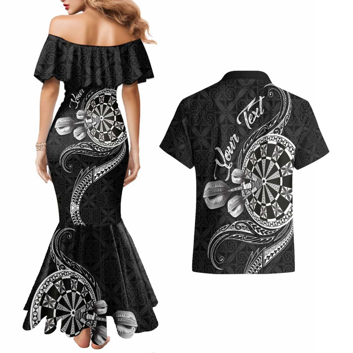 Personalised Niue Darts Masters Couples Matching Mermaid Dress and Hawaiian Shirt Tribal Hiapo Dartboard LT03 - Polynesian Pride