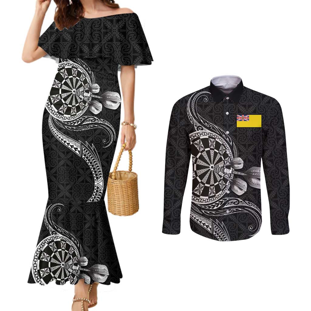 Personalised Niue Darts Masters Couples Matching Mermaid Dress and Long Sleeve Button Shirt Tribal Hiapo Dartboard LT03 Black - Polynesian Pride