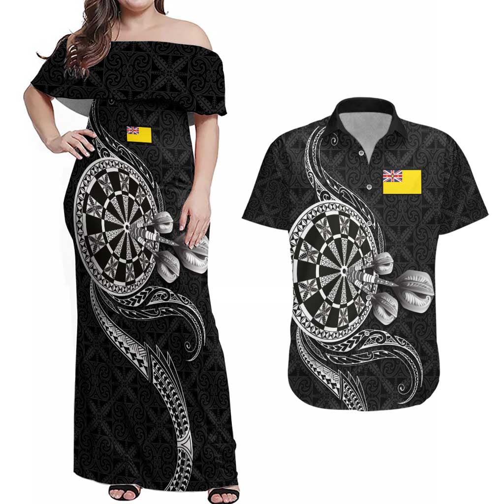 Personalised Niue Darts Masters Couples Matching Off Shoulder Maxi Dress and Hawaiian Shirt Tribal Hiapo Dartboard LT03 Black - Polynesian Pride
