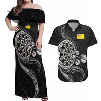 Personalised Niue Darts Masters Couples Matching Off Shoulder Maxi Dress and Hawaiian Shirt Tribal Hiapo Dartboard LT03 Black - Polynesian Pride