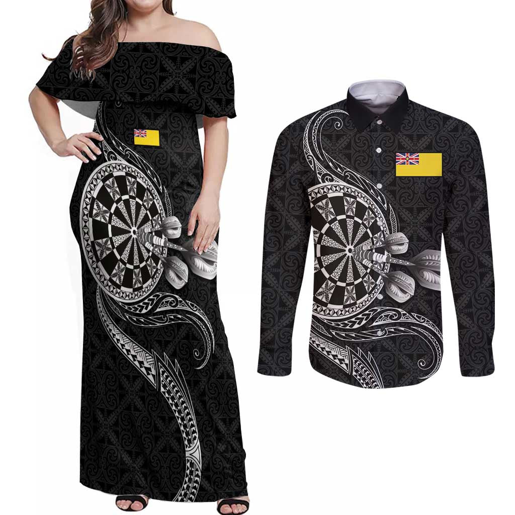 Personalised Niue Darts Masters Couples Matching Off Shoulder Maxi Dress and Long Sleeve Button Shirt Tribal Hiapo Dartboard LT03 Black - Polynesian Pride