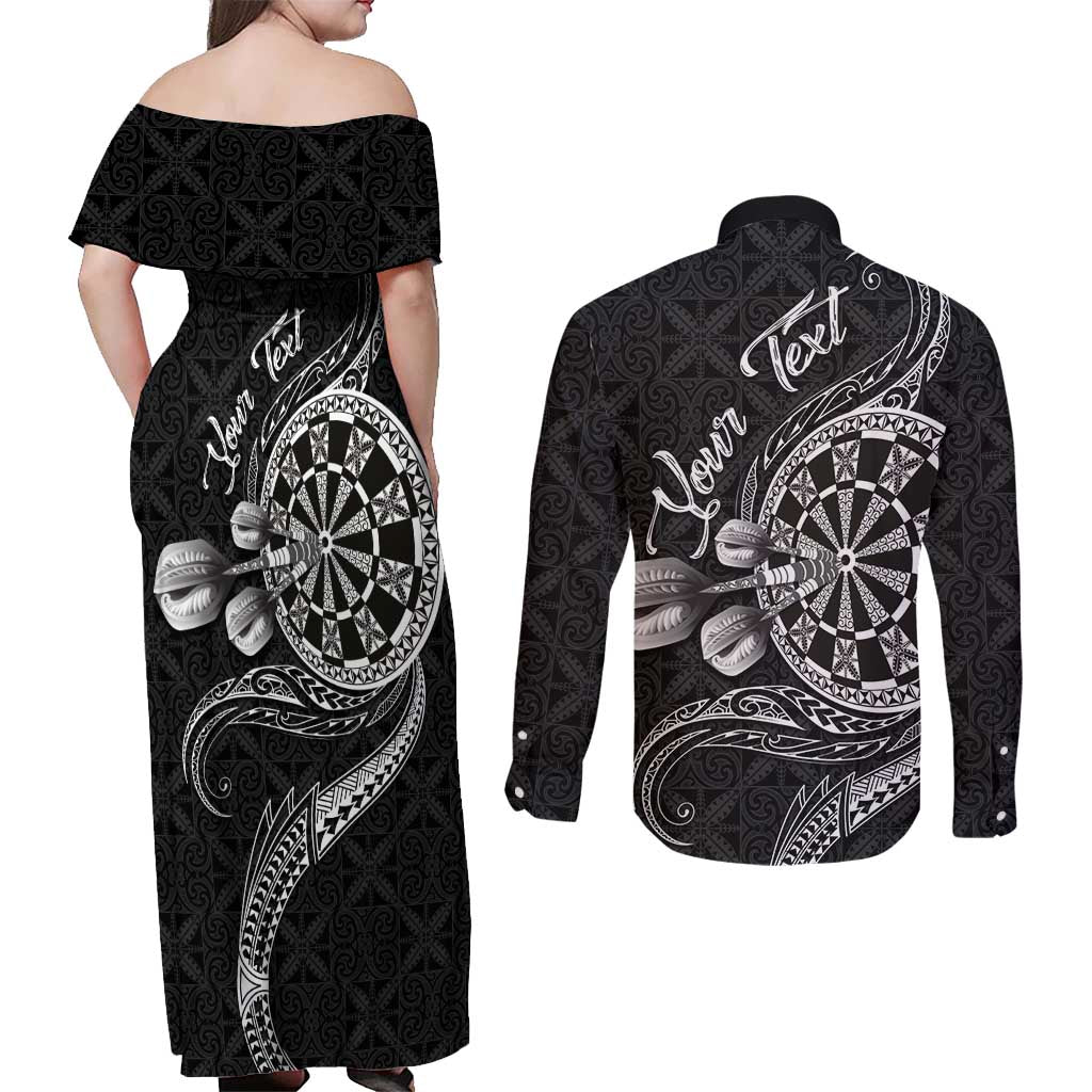 Personalised Niue Darts Masters Couples Matching Off Shoulder Maxi Dress and Long Sleeve Button Shirt Tribal Hiapo Dartboard LT03 - Polynesian Pride