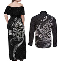 Personalised Niue Darts Masters Couples Matching Off Shoulder Maxi Dress and Long Sleeve Button Shirt Tribal Hiapo Dartboard LT03 - Polynesian Pride