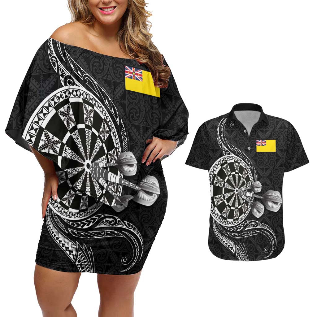 Personalised Niue Darts Masters Couples Matching Off Shoulder Short Dress and Hawaiian Shirt Tribal Hiapo Dartboard LT03 Black - Polynesian Pride