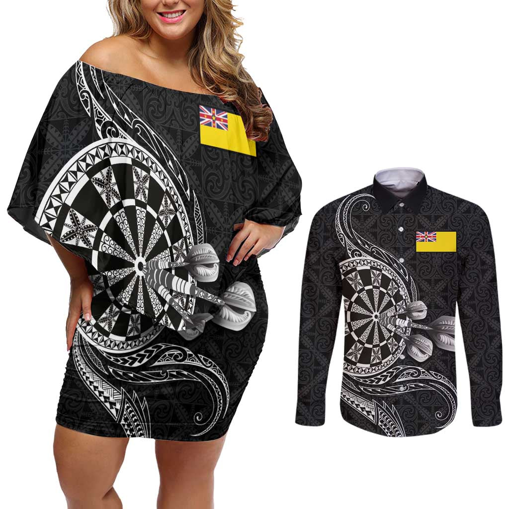 Personalised Niue Darts Masters Couples Matching Off Shoulder Short Dress and Long Sleeve Button Shirt Tribal Hiapo Dartboard LT03 Black - Polynesian Pride