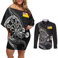 Personalised Niue Darts Masters Couples Matching Off Shoulder Short Dress and Long Sleeve Button Shirt Tribal Hiapo Dartboard LT03 Black - Polynesian Pride