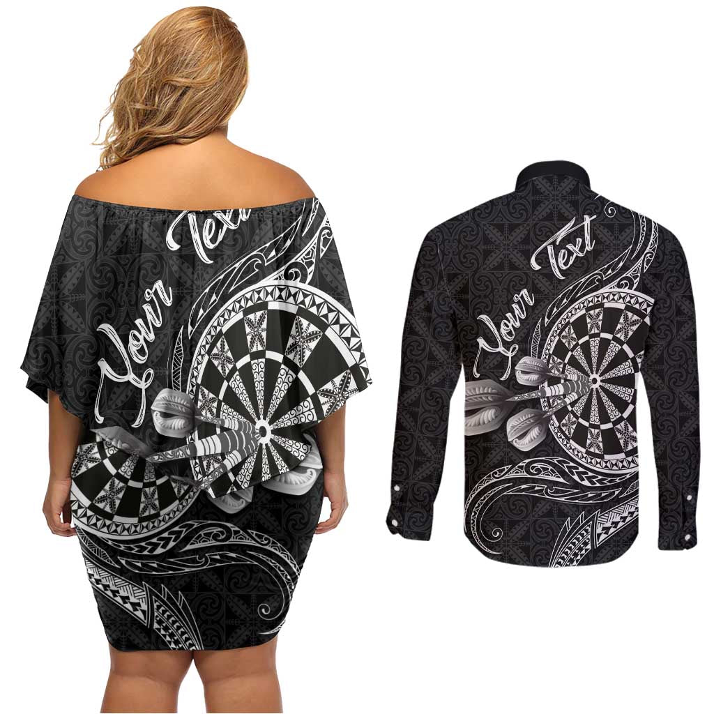 Personalised Niue Darts Masters Couples Matching Off Shoulder Short Dress and Long Sleeve Button Shirt Tribal Hiapo Dartboard LT03 - Polynesian Pride