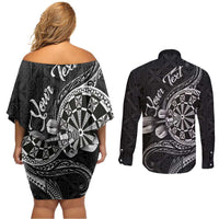 Personalised Niue Darts Masters Couples Matching Off Shoulder Short Dress and Long Sleeve Button Shirt Tribal Hiapo Dartboard LT03 - Polynesian Pride