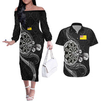 Personalised Niue Darts Masters Couples Matching Off The Shoulder Long Sleeve Dress and Hawaiian Shirt Tribal Hiapo Dartboard LT03 Black - Polynesian Pride
