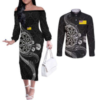 Personalised Niue Darts Masters Couples Matching Off The Shoulder Long Sleeve Dress and Long Sleeve Button Shirt Tribal Hiapo Dartboard LT03 Black - Polynesian Pride
