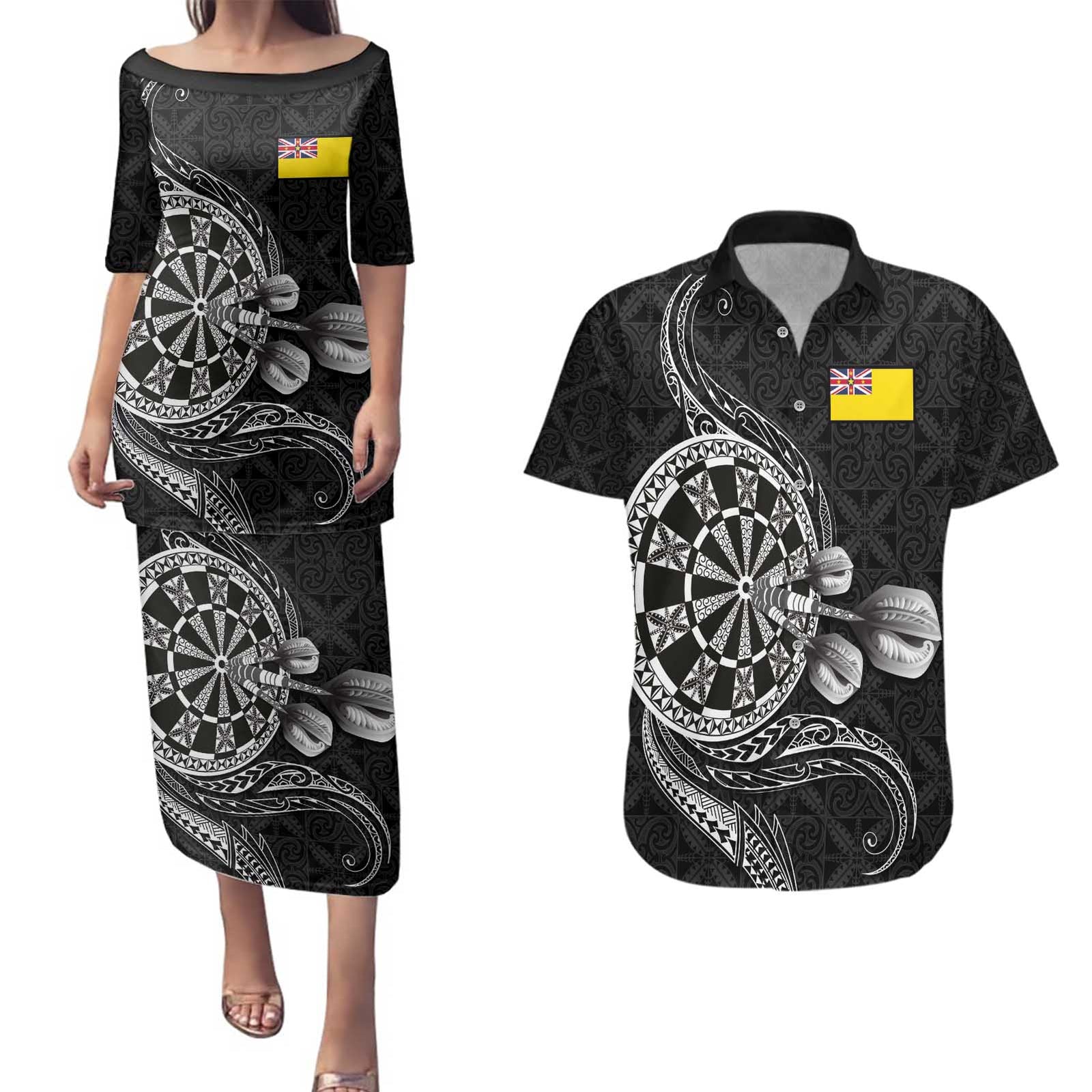 Personalised Niue Darts Masters Couples Matching Puletasi and Hawaiian Shirt Tribal Hiapo Dartboard - Polynesian Pride