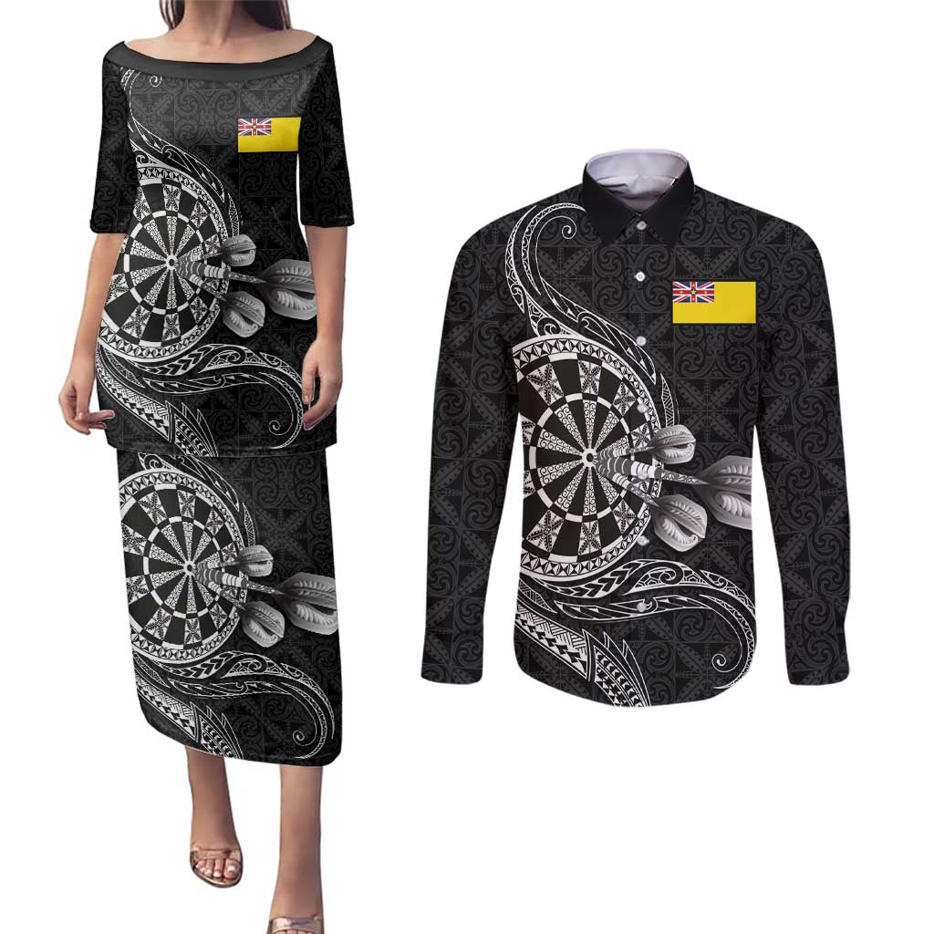 Personalised Niue Darts Masters Couples Matching Puletasi and Long Sleeve Button Shirt Tribal Hiapo Dartboard - Polynesian Pride