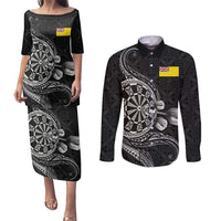Personalised Niue Darts Masters Couples Matching Puletasi and Long Sleeve Button Shirt Tribal Hiapo Dartboard - Polynesian Pride