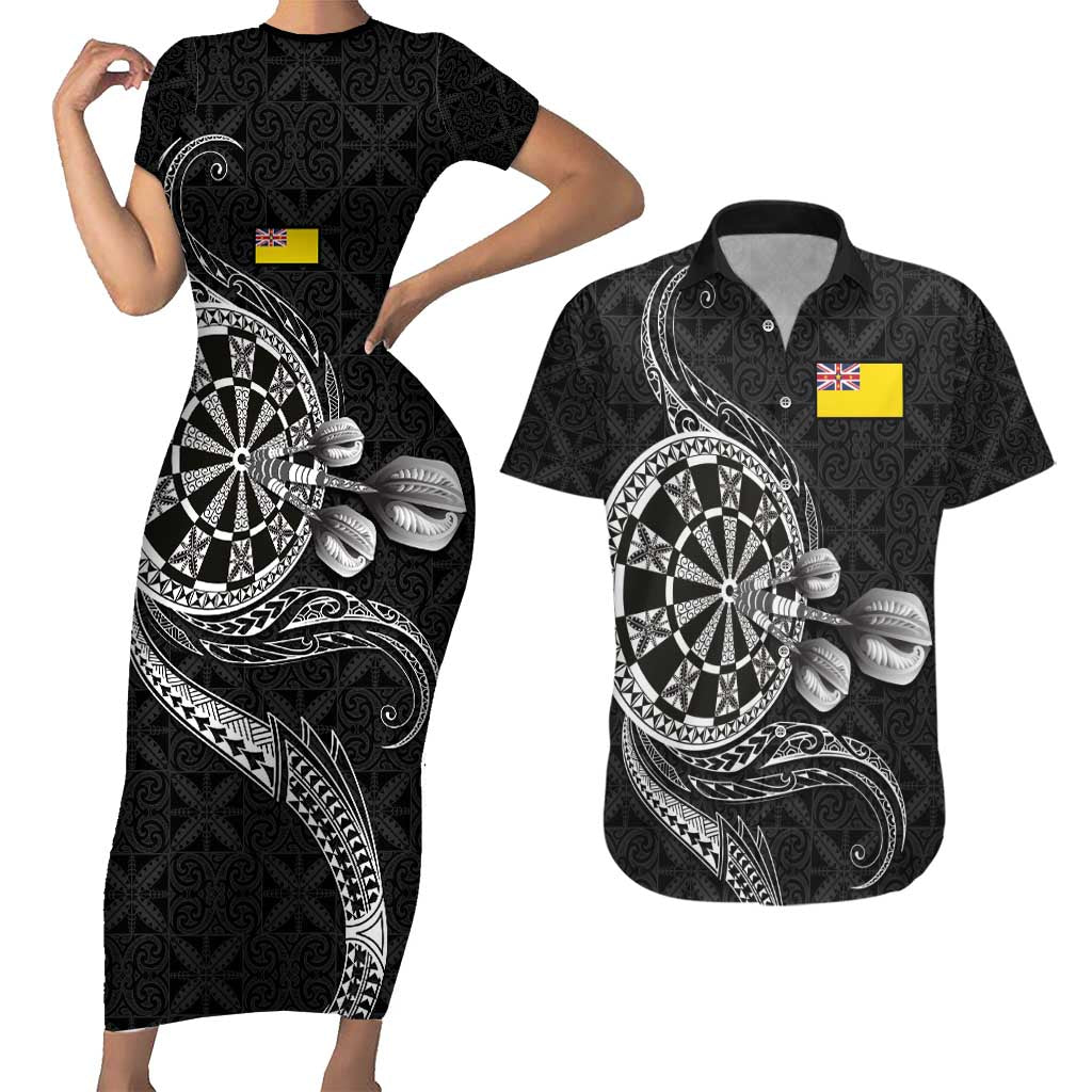 Personalised Niue Darts Masters Couples Matching Short Sleeve Bodycon Dress and Hawaiian Shirt Tribal Hiapo Dartboard LT03 Black - Polynesian Pride