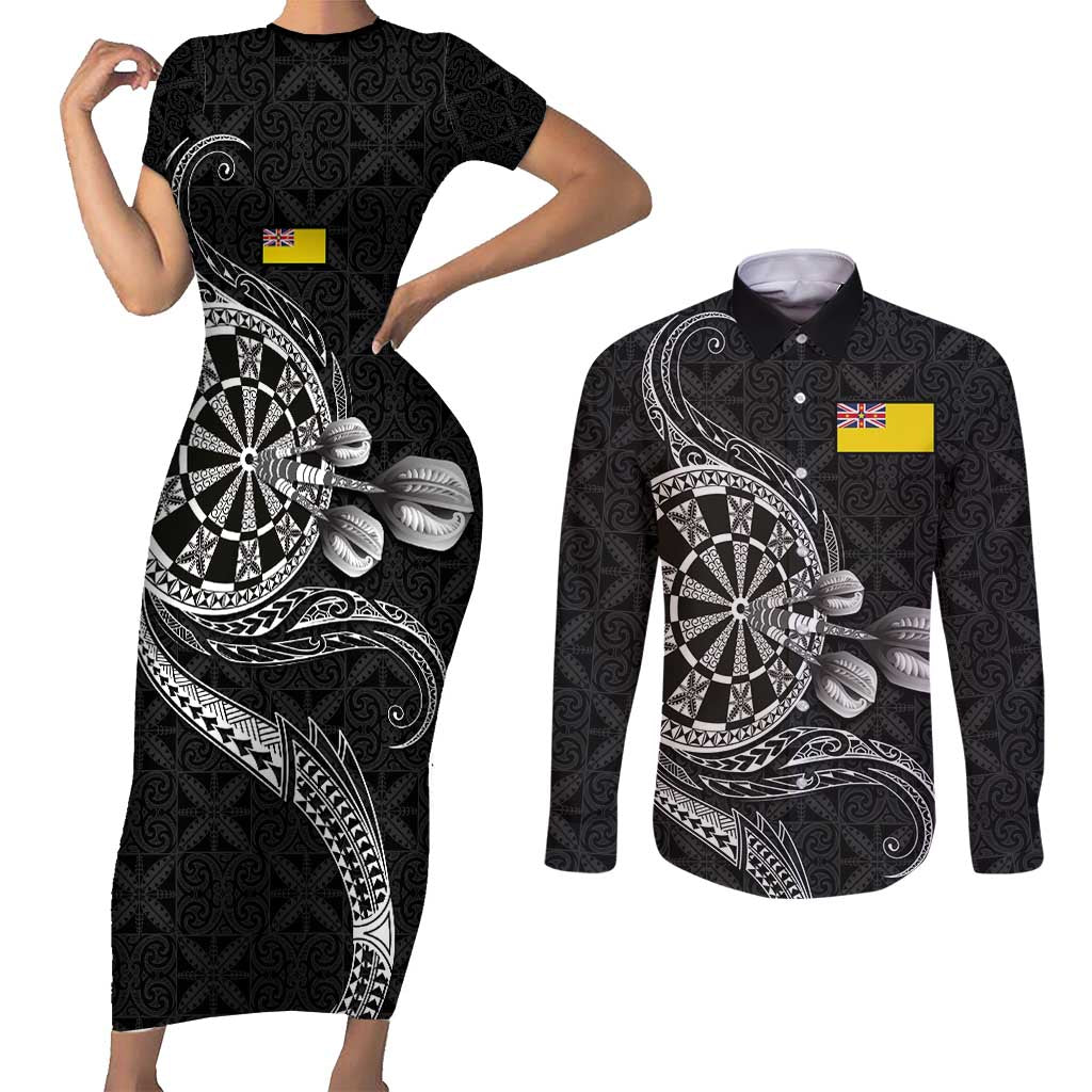 Personalised Niue Darts Masters Couples Matching Short Sleeve Bodycon Dress and Long Sleeve Button Shirt Tribal Hiapo Dartboard LT03 Black - Polynesian Pride