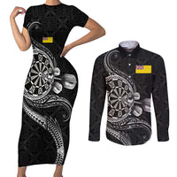 Personalised Niue Darts Masters Couples Matching Short Sleeve Bodycon Dress and Long Sleeve Button Shirt Tribal Hiapo Dartboard LT03 Black - Polynesian Pride