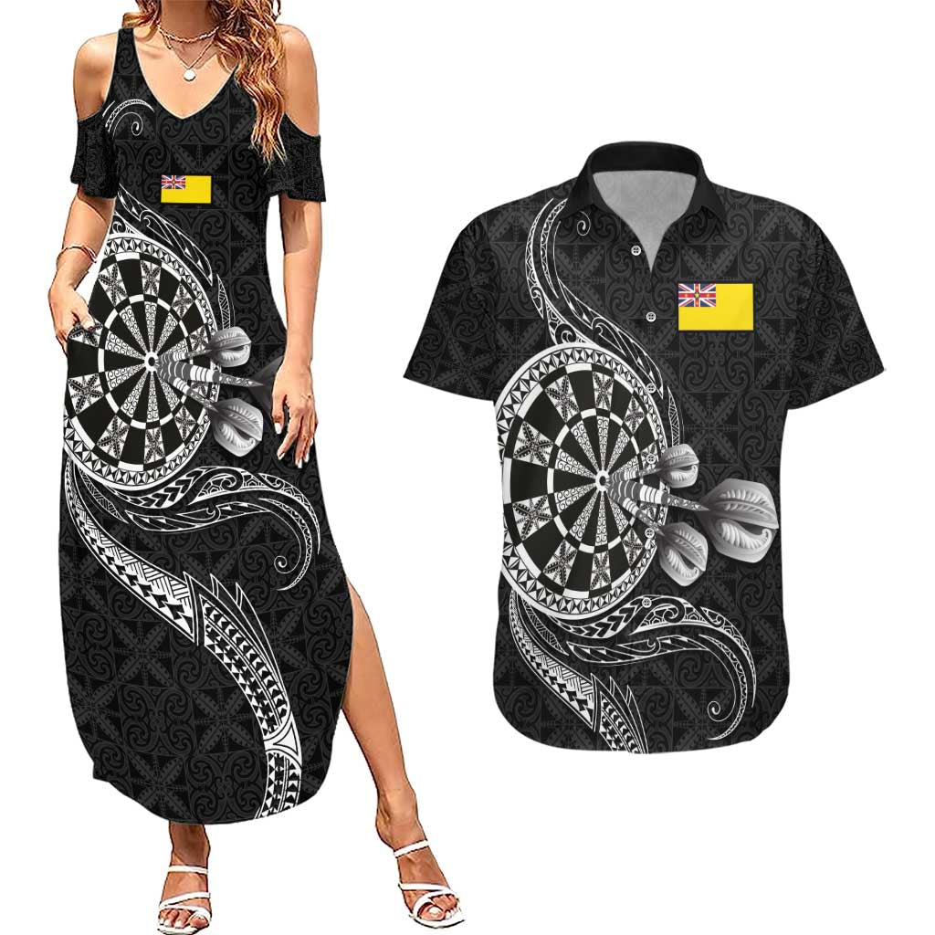 Personalised Niue Darts Masters Couples Matching Summer Maxi Dress and Hawaiian Shirt Tribal Hiapo Dartboard LT03 Black - Polynesian Pride
