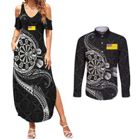 Personalised Niue Darts Masters Couples Matching Summer Maxi Dress and Long Sleeve Button Shirt Tribal Hiapo Dartboard LT03 Black - Polynesian Pride