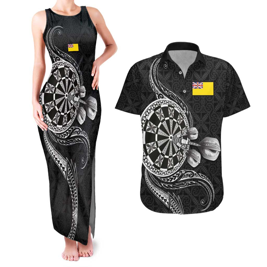 Personalised Niue Darts Masters Couples Matching Tank Maxi Dress and Hawaiian Shirt Tribal Hiapo Dartboard LT03 Black - Polynesian Pride