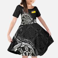 Personalised Niue Darts Masters Family Matching Mermaid Dress and Hawaiian Shirt Tribal Hiapo Dartboard LT03 Daughter's Dress Black - Polynesian Pride
