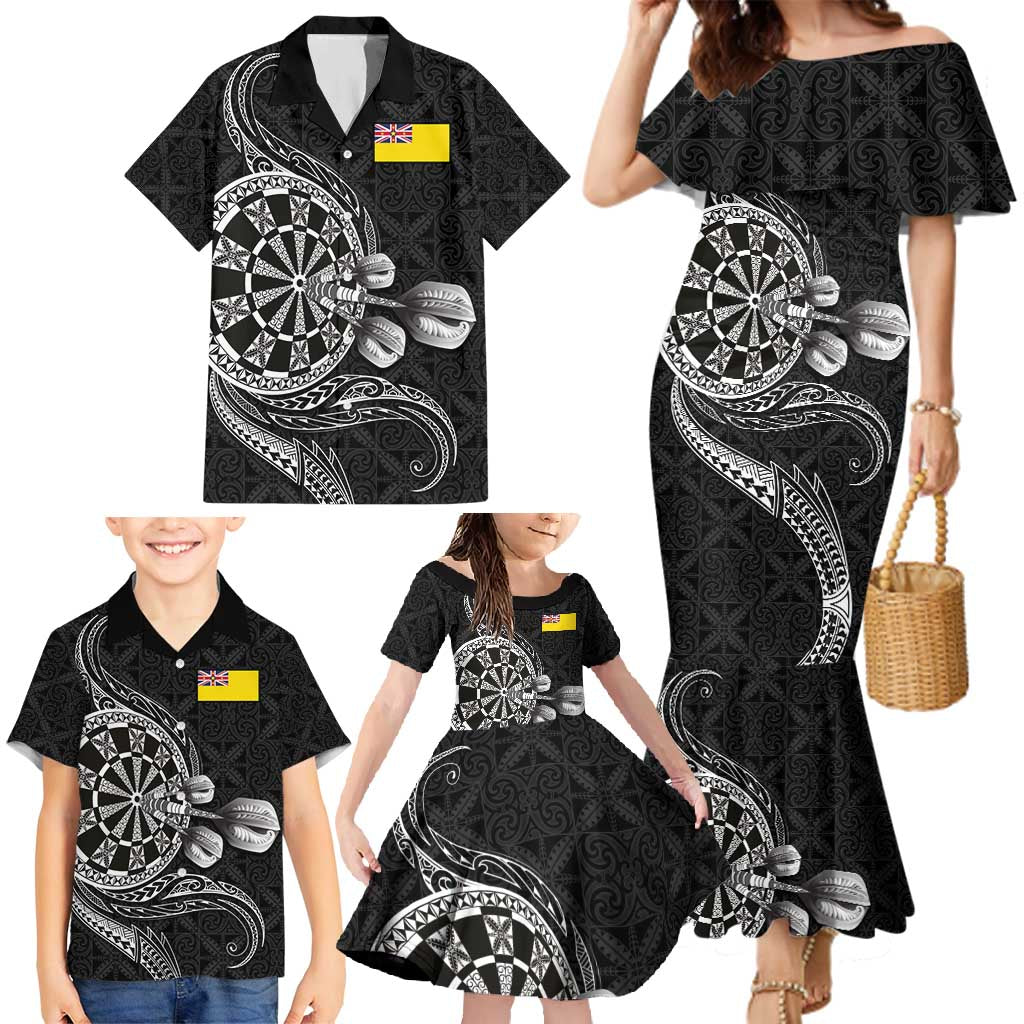 Personalised Niue Darts Masters Family Matching Mermaid Dress and Hawaiian Shirt Tribal Hiapo Dartboard LT03 - Polynesian Pride