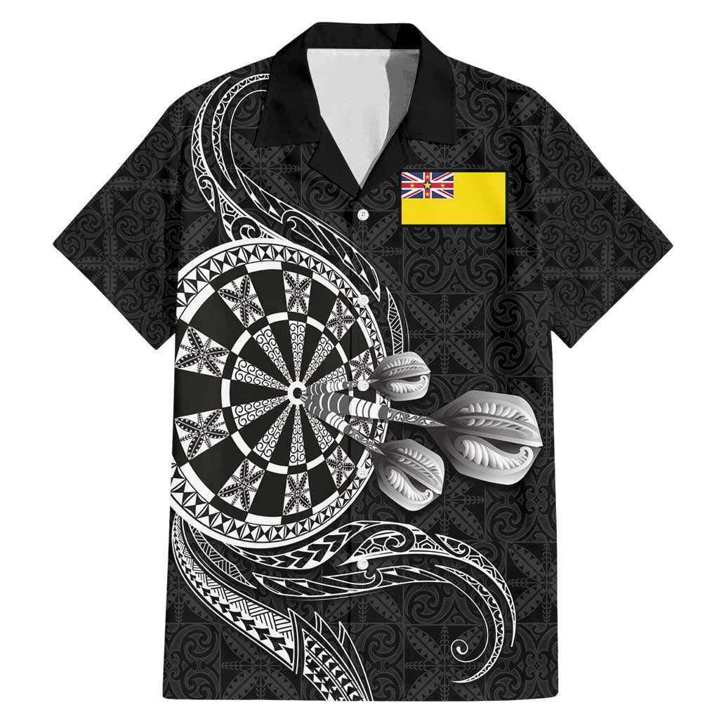 Personalised Niue Darts Masters Family Matching Mermaid Dress and Hawaiian Shirt Tribal Hiapo Dartboard LT03 Dad's Shirt - Short Sleeve Black - Polynesian Pride