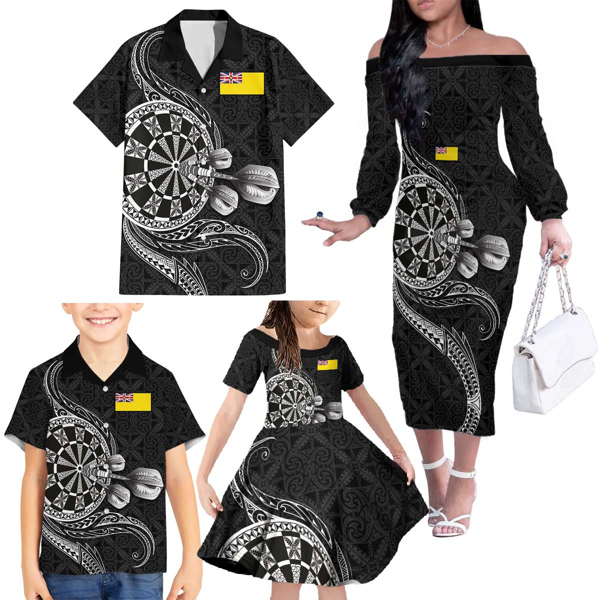 Personalised Niue Darts Masters Family Matching Off The Shoulder Long Sleeve Dress and Hawaiian Shirt Tribal Hiapo Dartboard LT03 - Polynesian Pride