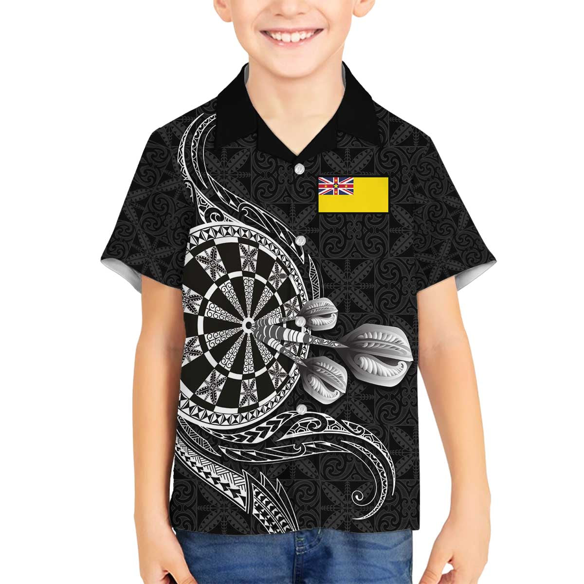 Personalised Niue Darts Masters Family Matching Off The Shoulder Long Sleeve Dress and Hawaiian Shirt Tribal Hiapo Dartboard LT03 Son's Shirt Black - Polynesian Pride