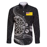 Personalised Niue Darts Masters Family Matching Off Shoulder Maxi Dress and Hawaiian Shirt Tribal Hiapo Dartboard LT03 Dad's Shirt - Long Sleeve Black - Polynesian Pride