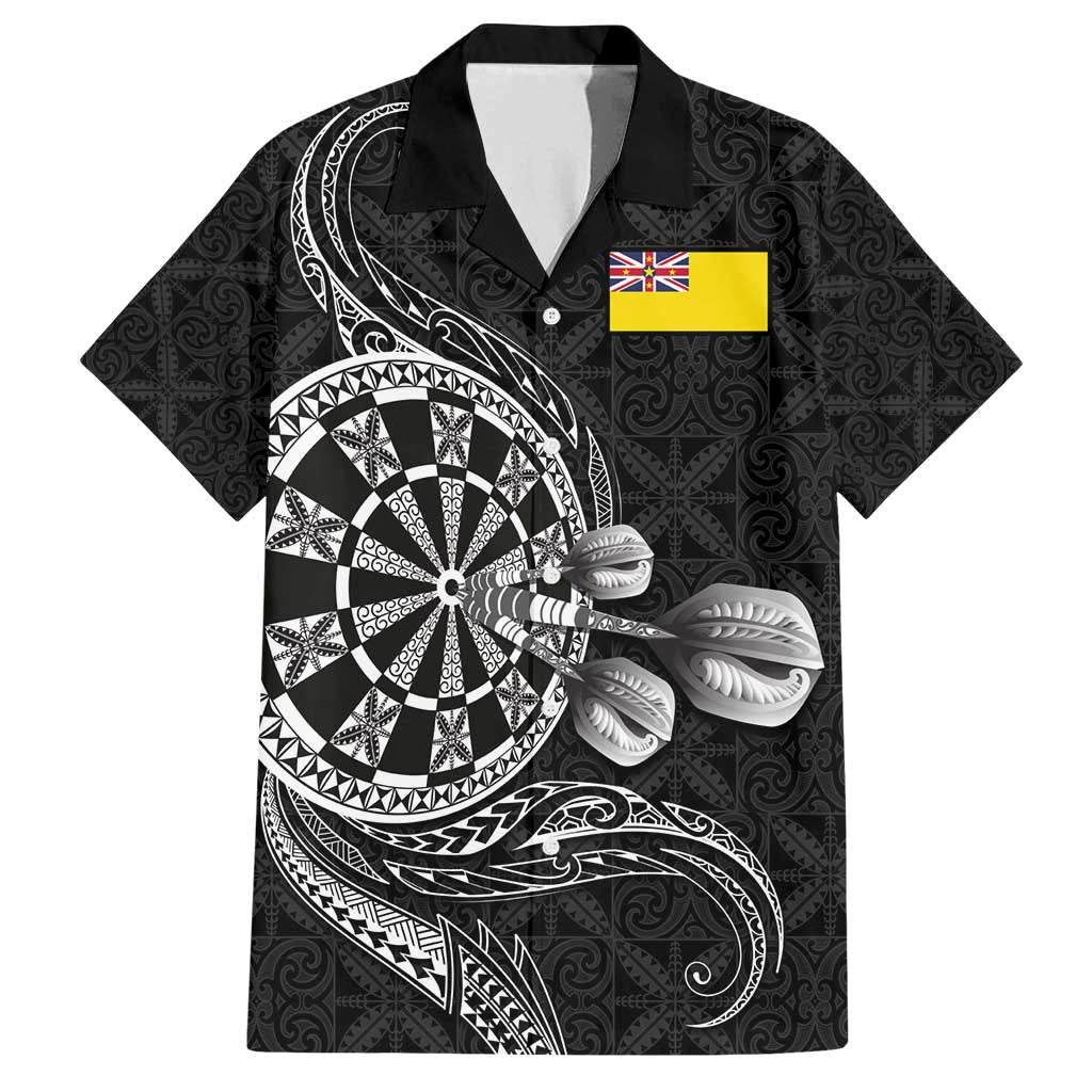 Personalised Niue Darts Masters Family Matching Off Shoulder Short Dress and Hawaiian Shirt Tribal Hiapo Dartboard LT03 Dad's Shirt - Short Sleeve Black - Polynesian Pride