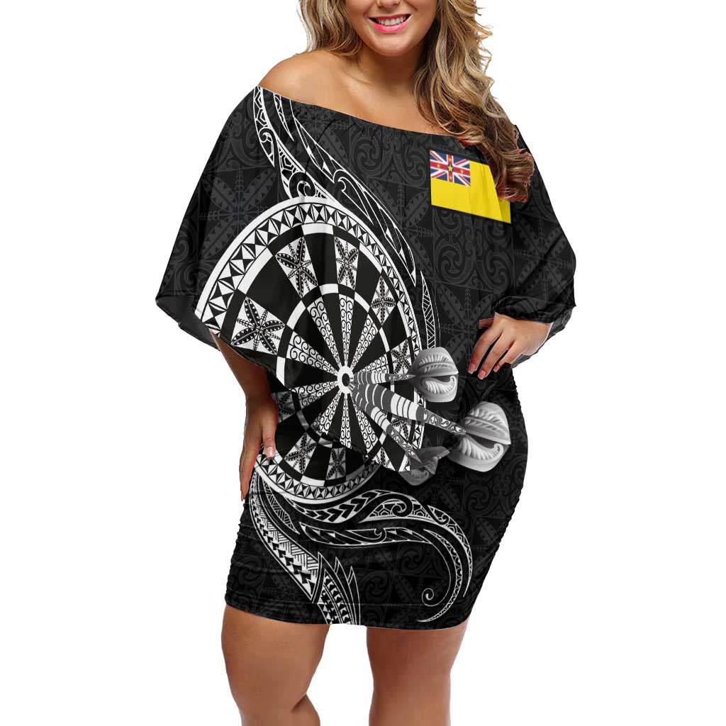Personalised Niue Darts Masters Family Matching Off Shoulder Short Dress and Hawaiian Shirt Tribal Hiapo Dartboard LT03 Mom's Dress Black - Polynesian Pride