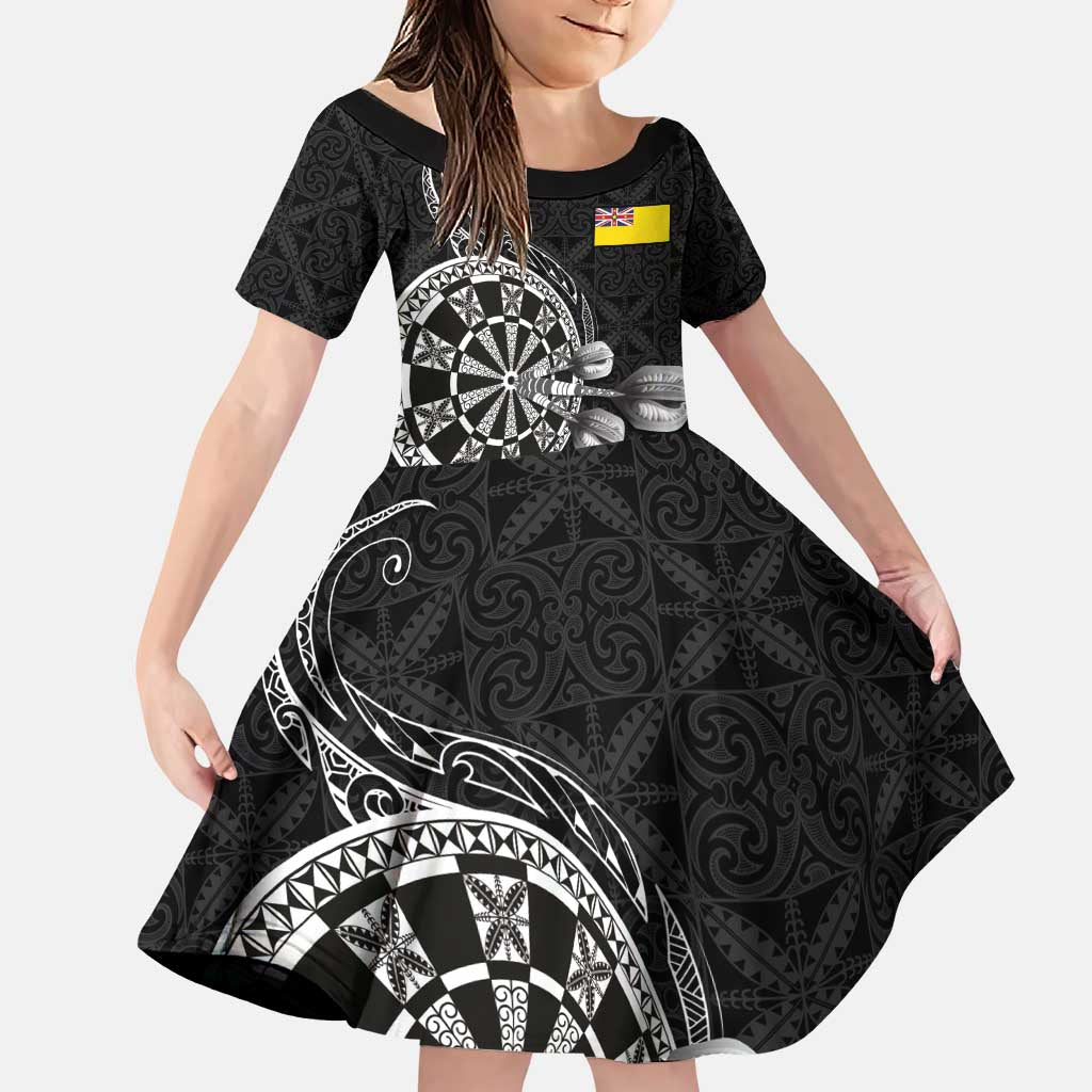 Personalised Niue Darts Masters Family Matching Puletasi and Hawaiian Shirt Tribal Hiapo Dartboard LT03 Daughter's Dress Black - Polynesian Pride