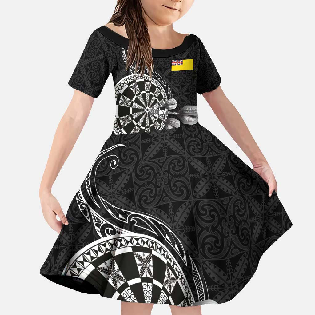 Personalised Niue Darts Masters Family Matching Short Sleeve Bodycon Dress and Hawaiian Shirt Tribal Hiapo Dartboard LT03 Daughter's Dress Black - Polynesian Pride
