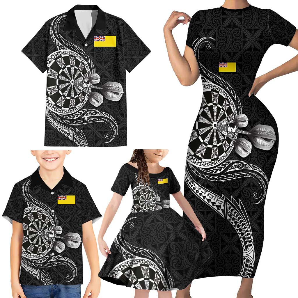 Personalised Niue Darts Masters Family Matching Short Sleeve Bodycon Dress and Hawaiian Shirt Tribal Hiapo Dartboard LT03 - Polynesian Pride
