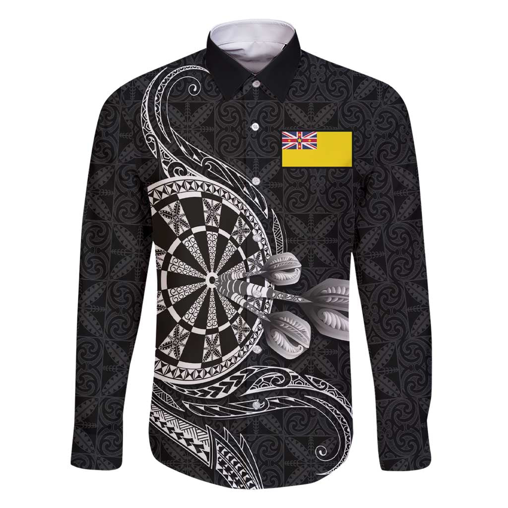 Personalised Niue Darts Masters Family Matching Short Sleeve Bodycon Dress and Hawaiian Shirt Tribal Hiapo Dartboard LT03 Dad's Shirt - Long Sleeve Black - Polynesian Pride