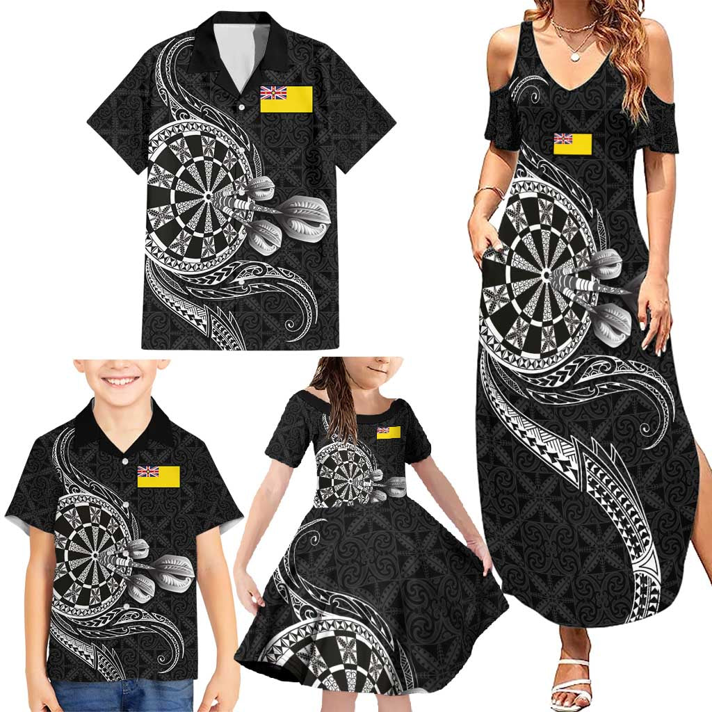 Personalised Niue Darts Masters Family Matching Summer Maxi Dress and Hawaiian Shirt Tribal Hiapo Dartboard LT03 - Polynesian Pride