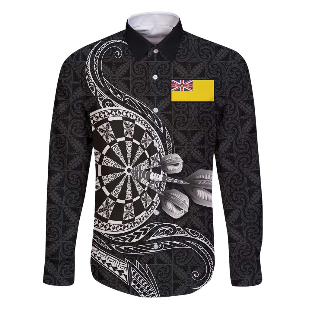 Personalised Niue Darts Masters Family Matching Tank Maxi Dress and Hawaiian Shirt Tribal Hiapo Dartboard LT03 Dad's Shirt - Long Sleeve Black - Polynesian Pride